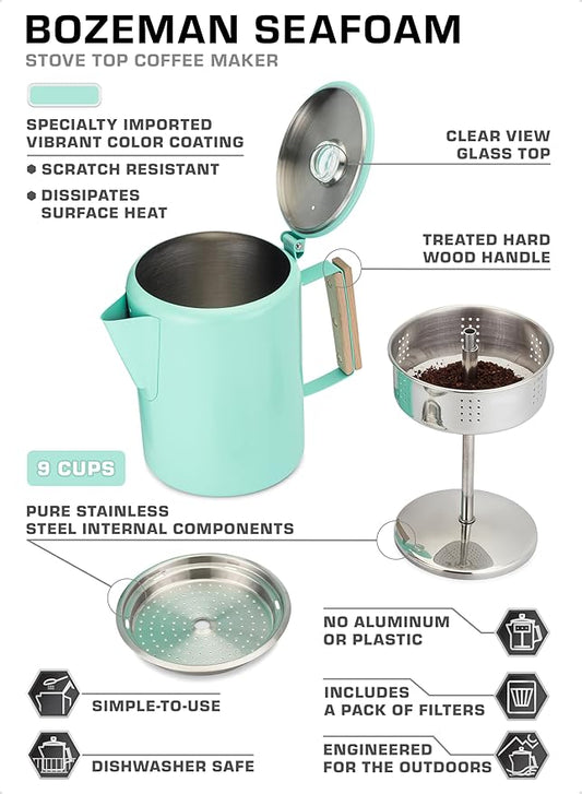 COLETTI Bozeman Camping Coffee Pot — Camping Coffee Makers, Coffee Percolator – America's Sleekest Percolator – NO Aluminum or Plastic (Seafoam)