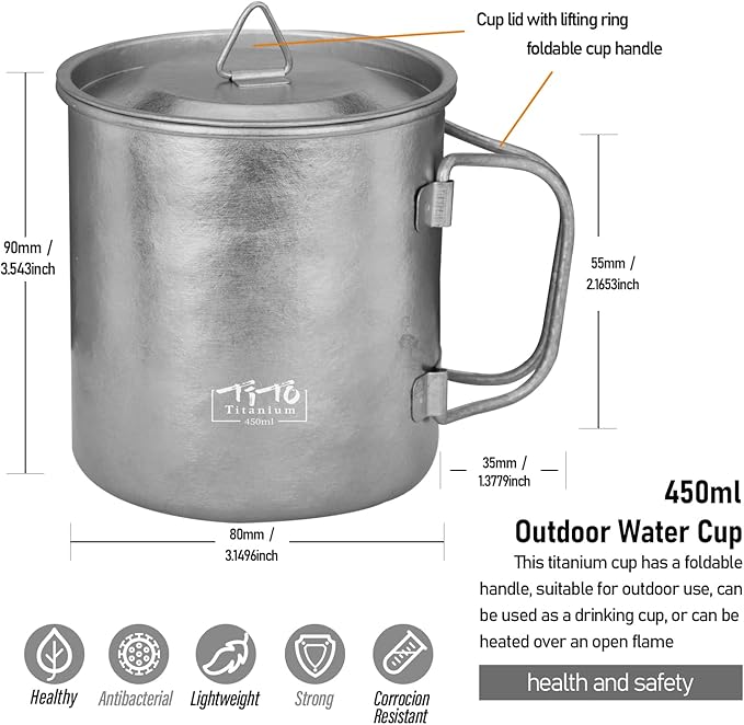 TiTo Titanium Cup Titanium Pot with Lid Ultralight Portable 450ml Foldable Handle Camping Tea Coffee Water Mug for Outdoor Backpacking Hiking Picnic Drinkware with Mesh Sack (Bright Titanium)