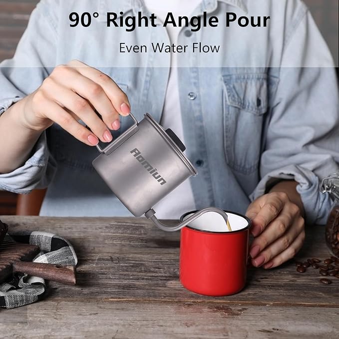 Titanium Gooseneck Kettle with Thermometer, 13.5oz Pour Over Camping Kettle Coffee Tea Pot with Removable Spout & Folding Handle, Lightweight Portable Camping Kettles for Backpacking