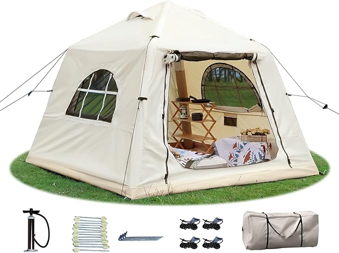 2025 Upgraded 100% Waterproof Inflatable Camping Tent, Large Blow-Up Air Tent, No Assembly Needed Luxury Glamping House, Oxford Fabric