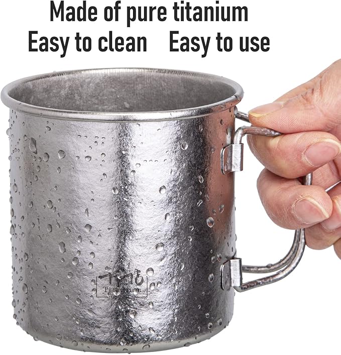 TiTo Titanium Cup Titanium Pot with Lid Ultralight Portable 450ml Foldable Handle Camping Tea Coffee Water Mug for Outdoor Backpacking Hiking Picnic Drinkware with Mesh Sack (Bright Titanium)
