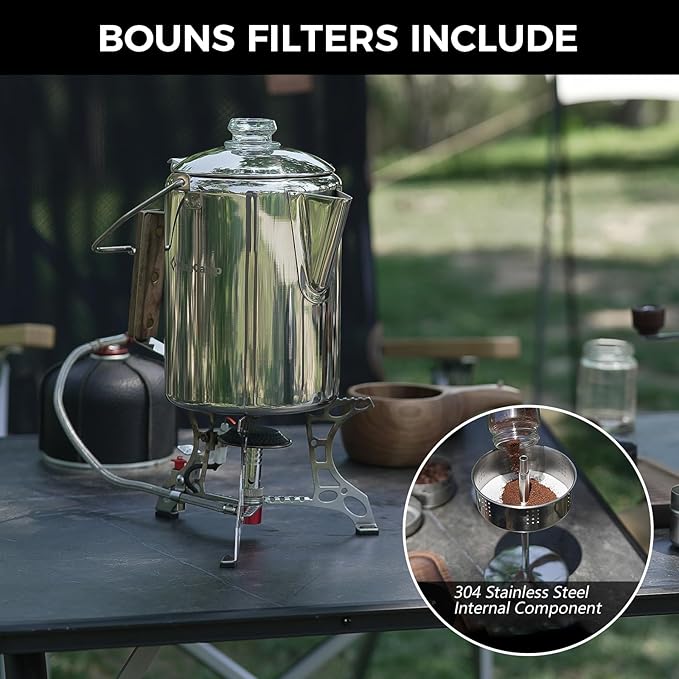 KingCamp Percolator Coffee Pot Campfire Coffee Boiler Kettle 304 Stainless Steel with Wood Handle for Outdoor Camping Cookware, Cabin, RV, Kitchen, Hunting & Backpacking, NO Aluminum or Plastic 9 Cup