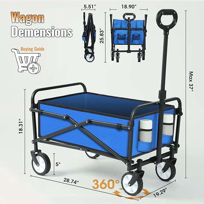 LUXCOL Wagon Cart Foldable, Collapsible Folding Wagon with All-Terrain Wheels & Adjustable Handle, Portable Heavy Duty 200LBS Weight Capacity for Grocery Shopping, Sport, Camping, Garden, Outdoor Use