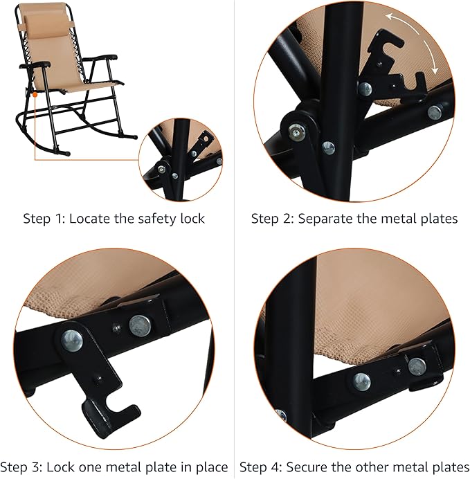 Amazon Basics Outdoor Patio Folding Reclining Lounge Rocking Chair with Pillow, Affordable Folding Chairs for Outside, Beige, 33.6 x 37.4 x 26 inch