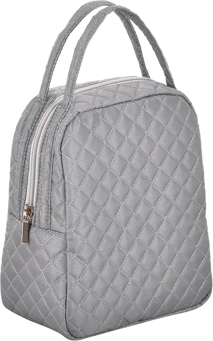 Machine Washable Women Quilted Fabric Insulated Reusable Cooler Lunch Bag Tote Adult Thermal Lunch Box Storage Bag for Work (Grey)