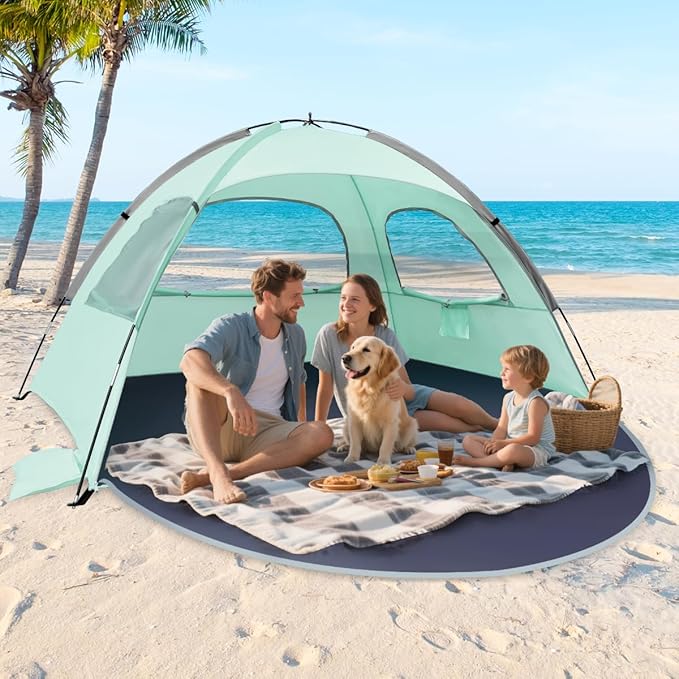 NXONE Beach Tent Sun Shade Shelter for 2-3 Person with UV Protection, Extended Floor, 3 Mesh Roll Up Windows & 8.0mm Fiberglass Rods丨Carry Bag Included (Mint Green)