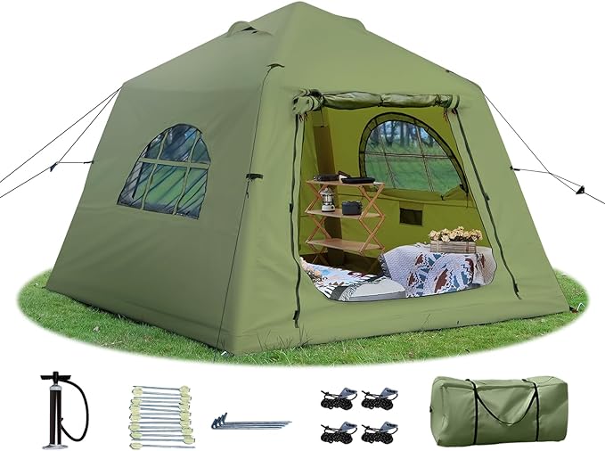 2025 Upgraded 100% Waterproof Inflatable Camping Tent, Large Blow-Up Air Tent, No Assembly Needed Luxury Glamping House, Oxford Fabric