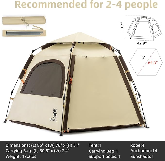 Tents for Camping 2 Person Waterproof Pop Up Camping Tent with Screen Porch 4 Ventilation Mesh Windows & 2 Doors Portable for Camping, Hiking, Beach, Backpacking, and Outdoors