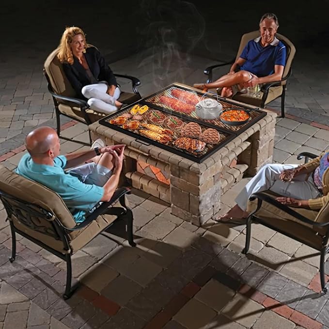 only fire Foldable X-Marks Fire Pit Cooking Grate, Portable Campfire BBQ Grill for Outdoor, Square Heavy Duty Steel Campfire Grill Grate with Handles, 36 inch