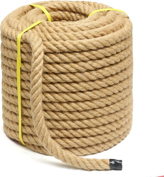 Rope 1-1/4 Inch 50 Feet, Heavy Duty Rope, Twisted Manila Hemp, Natural Jute for Tug of War, Construction, Rigging, Climbing, Crafting, Tree Work, Farm Decor, Outdoor Use