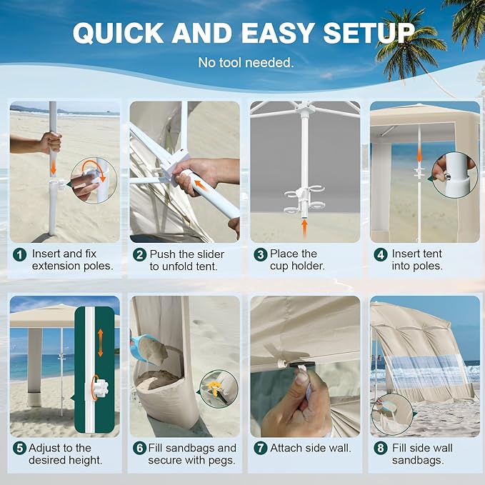 Rhino Valley Beach Cabana, 8 × 8FT Foldable Beach Tent with Cup Holder, Beach Canopy Easy Setup with UPF50+ Protection, Windproof Stable Beach Tent, Portable Beach Cabana Tent for Beach Camping