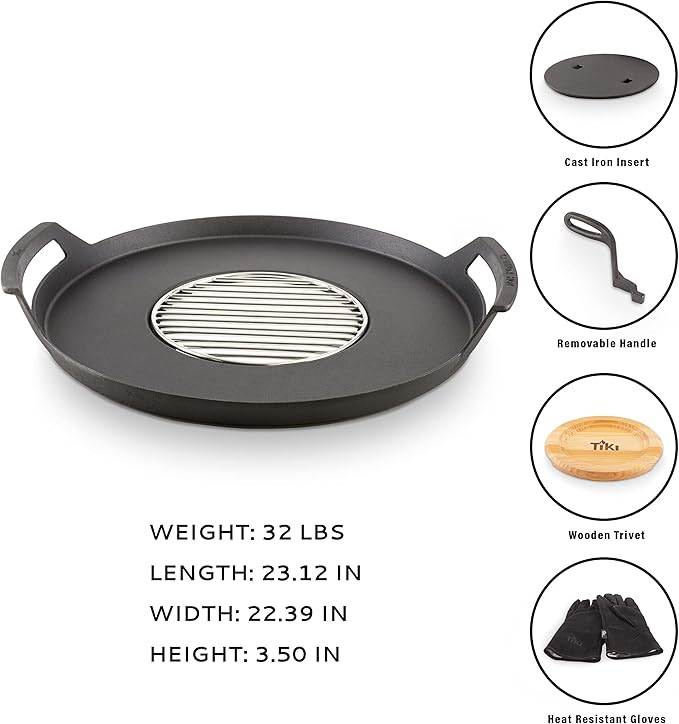 Fire Pit Griddle & Grill Combo – Cast Iron Cooking Surface for 16"-21" Smokeless Fire Pits – Outdoor BBQ Griddle for Camping & Patio – Includes Trivet & Heat-Resistant Gloves, Black