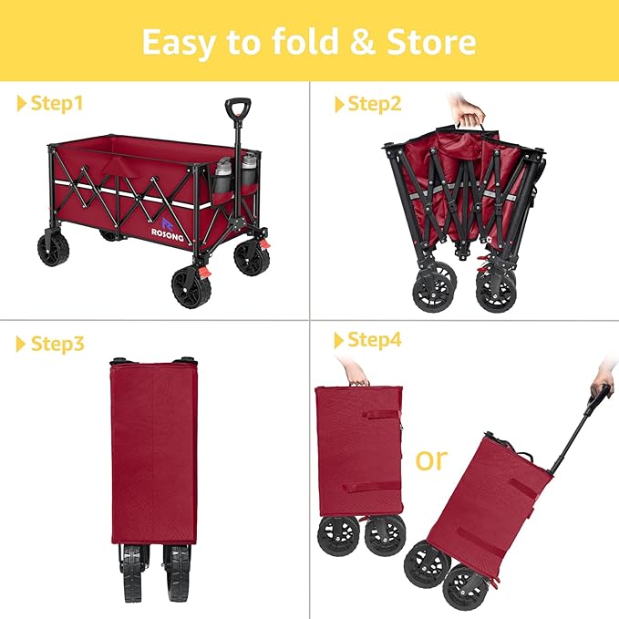 Burgundy Folding Wagon Cart with Wheels Foldable - Collapsible Wagons Carts Heavy Duty, Fold Up Portable Utility Wagon for Grocery Beach Sports Fishing Camping Shopping