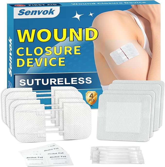 Zip Stitch Wound Closure Strips | 4-Pack Stitchless Butterfly Bandages | Adjustable Tension for Painless Laceration Repair, Post-Surgery Care & Emergency First Aid