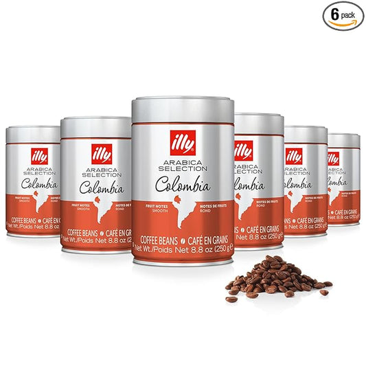 illy Whole Bean Coffee, Arabica Selections, Colombia, Single Origin, Smooth with Notes of Citrus Fruits, 100% Arabica Beans, All-Natural, No Preservatives, 8.8 Ounce Can (Pack of 6)