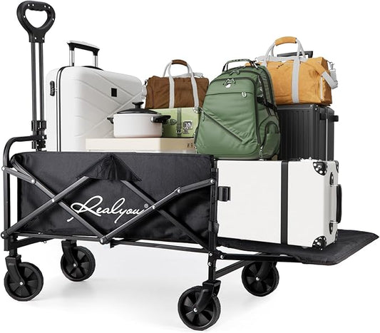 Collapsible Wagon Cart Foldable with All-Terrain Wheels, Foldable Wagon with Flexible Handle, Portable Folding Utility Grocery Shopping Cart for Grocery Sports Garden Camping