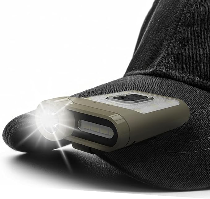 Claymore Capon 65A+ (Tan) - LED Rechargeable Clip-On Cap Headlamp, Lightweight Hat Light for Camping, Running, Hiking, Emergency & Industrial Use, Waterproof, USB-C, Up to 19 Hours of Battery Life.