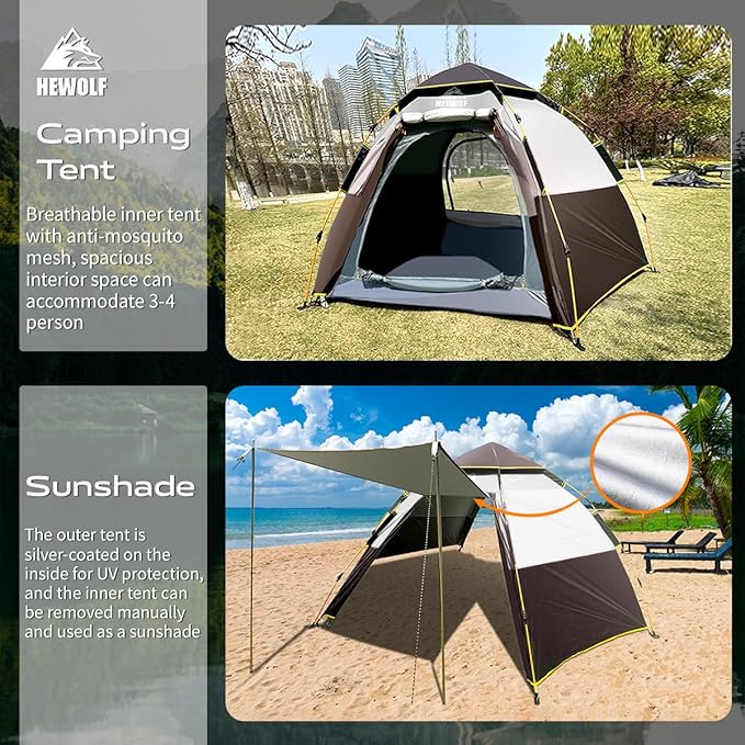 Hewolf 2/3/4 Person Camping Tent - Instant Pop Up Waterproof 2 Doors Tent with Easy Setup | 3-Season Hexagonal Dome Design for Family, Hiking & Traveling