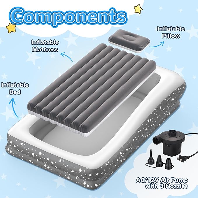 Inflatable Toddler Travel Bed: Portable & Safety - Blow Up Toddler Bed Travel with 4 Sides - Kids Air Mattress Ideal for Outdoor Camping - Easy to Inflate Deflate and Clean