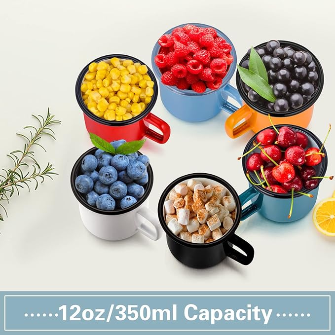 HaSteeL 12oz Enamel Campfire Mugs, Small Vintage Camping Mug Cup Set of 6 for Coffee Tea Milk, Portable and Durable for Home, Picnic, Travel, Hiking, Fishing Indoor Outdoor, Non Toxic & Easy to Clean