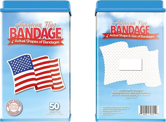 BioSwiss Bandages, American Flag Shaped Self Adhesive Bandage, Latex Free Wound Care, Fun First Aid Kit Supplies for Kids and Adults, 50 Count