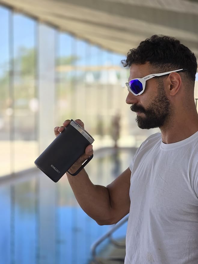 CHILLOUT LIFE Stainless Steel Vacuum Insulated Coffee Mug 16 oz (Set of 2) with Handle and Lid, Large Thermal Camping Coffee Mugs with Sliding Lid for Men & Women, Keeps Your Beverages Hot & Cold