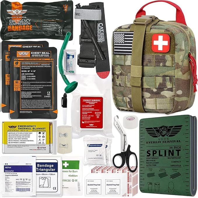 EVERLIT Advanced Emergency Trauma Kit, CAT GEN-7 Tourniquet Mil-Spec Nylon Laser Cut Pouch with 36" Splint, Military Combat Tactical IFAK for First Aid Response Bleeding Control