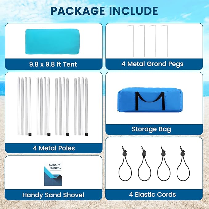 Beach Tent Sun Shelter - 10 x 10 Ft Beach Canopy UPF50+ UV Protection with Sandbags, Poles, Grond Pegs and Anti-Wind Ropes for Camping, Fishing, Backyard and Picnics