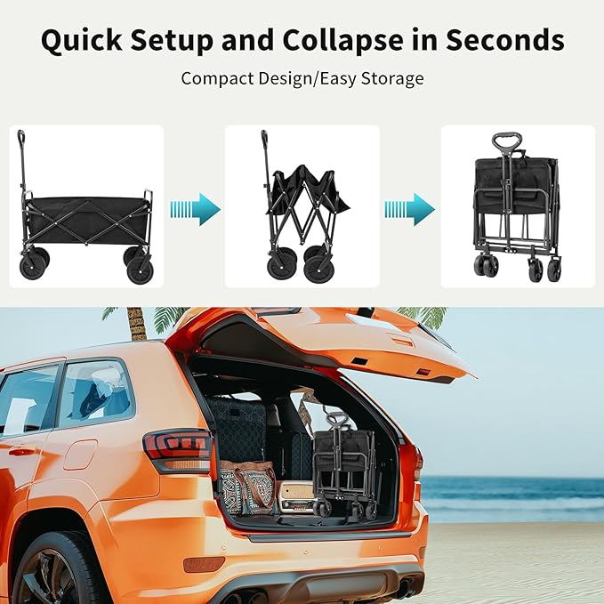 Collapsible Wagon Cart Foldable, 30" L Folding Beach Wagon with All-Terrain Wheels, Shopping Cart with 250lbs Capacity, Portable Camping Wagons Carts for Grocery Garden and Sports, Black
