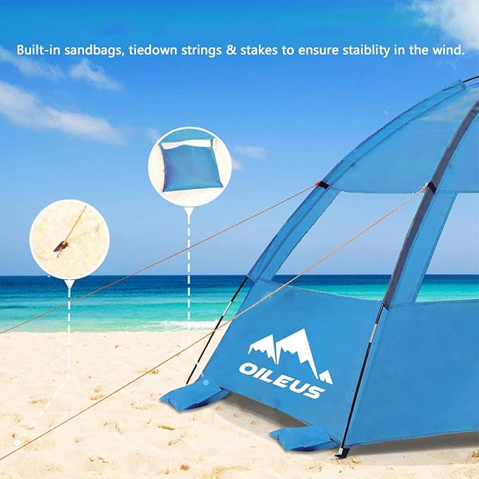 Oileus Beach Tent 2-3 Person Portable Sun Shade Shelter UV Protection, Extended Floor Ventilating Mesh Roll Up Windows Carrying Bag Stakes 6 Sand Pockets Fishing Hiking Camping,Blue
