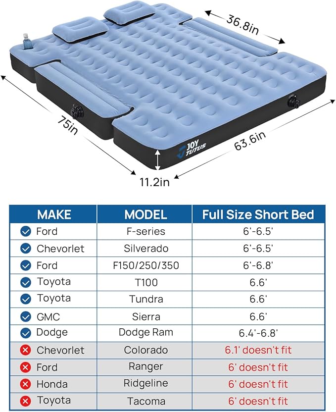 JOYTUTUS Truck Mattress for Camping,Air Bed with Inflatable Pillow for 6.4-6.7Ft,Full-Size Thicken Sleeping Pad with Cup Holder, Blow Up Bed for Car Truck Pickup F150, Grey Blue