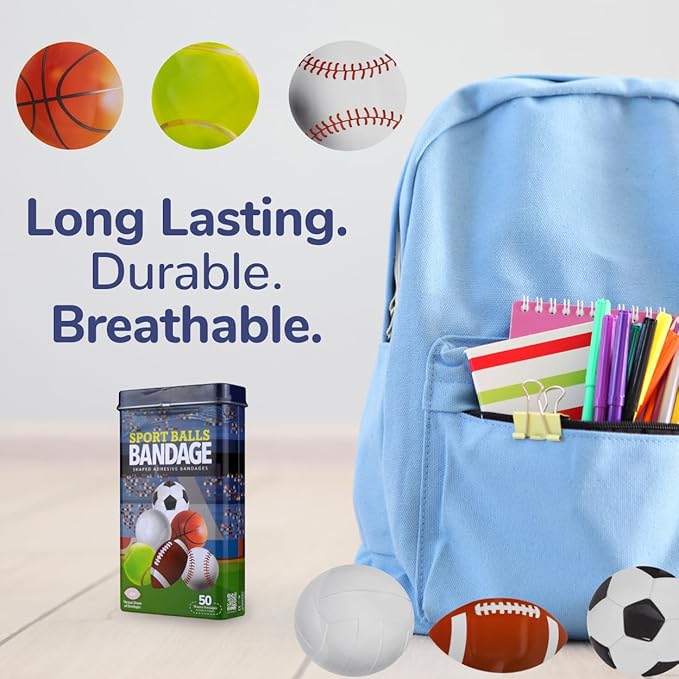 BioSwiss Bandages, Sports Balls Shaped Self Adhesive Bandage, Latex Free Sterile Wound Care, Fun First Aid Kit Supplies for Kids and Adults, 50 Count