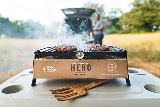 Fire & Flavor Hero Grill System - Ultra-Portable Grill for Camping, Tailgating, and BBQ on the Go - Tabletop Charcoal Grill Set Comes with Spatula, Thermometer, and Cutting Board