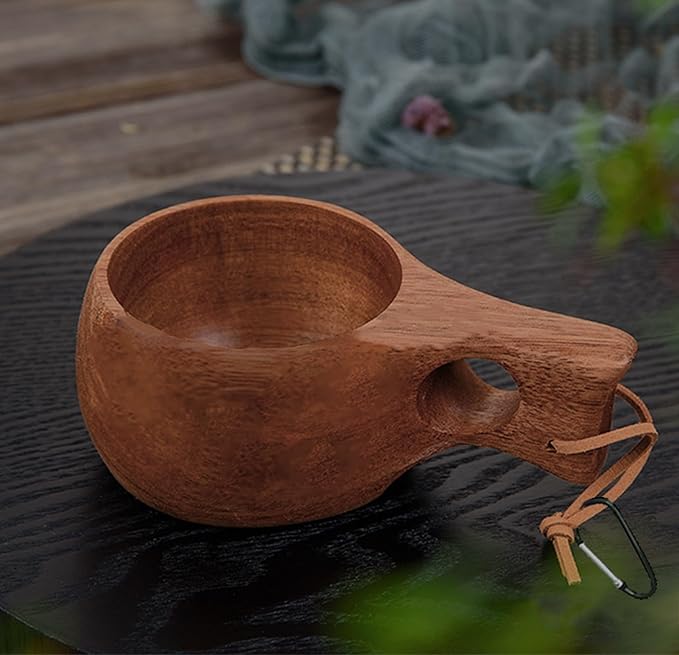 Camping Mug for Kuksa, Wooden Cup Camping Essentials Wood Cup Also Essential Equipment for Bushcraft Gear Made by Traditional Hand Carving and Equipped with Hanging Rope and aHandle(Light Brown)