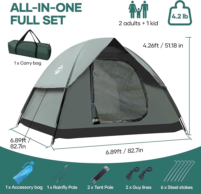 2-3 Person Camping Tent, Tents for Camping with Removable Rainfly, Family Dome Easy Set Up Tent, Lightweight Tent for Camping, Traveling, Hiking, Outdoor