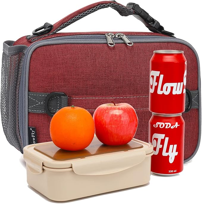 FlowFly Kids Lunch Bag, Durable Insulated School Lunch Box with Shoulder Strap and Bottle Holder, Water-resistant Thermal Small Lunch Cooler Tote for Teen Boys & Girls,Red