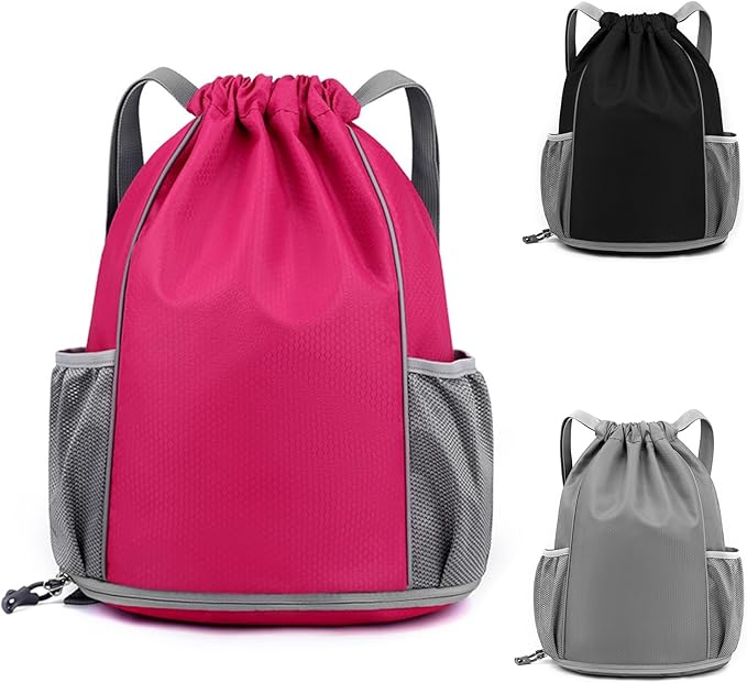 BLIRITEL Drawstring Backpack Sports Gym Bag, Multifunctional Soccer Backpack, Waterproof Soccer Bag for Men Women, String Basketball Bag Football Volleyball Backpack with Shoes Compartment (Rose)