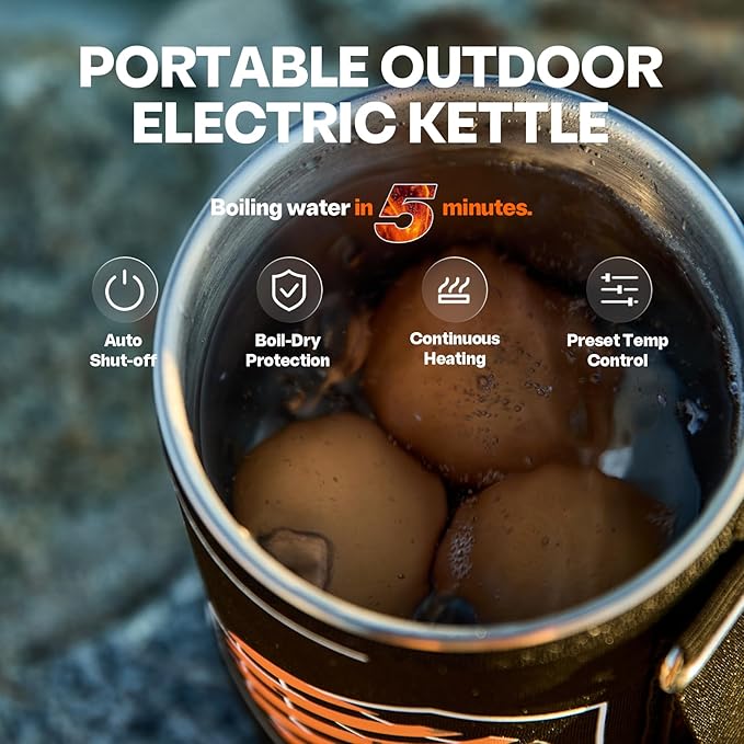 Joulle Kettle Pot, Portable Electric Kettle for Car and Truck, 500 W Small Travel Water Boiler, Non-propane Outdoor Electric Camping Stove, Camping Cooking Gear for Ev, Ov, Rv Trip