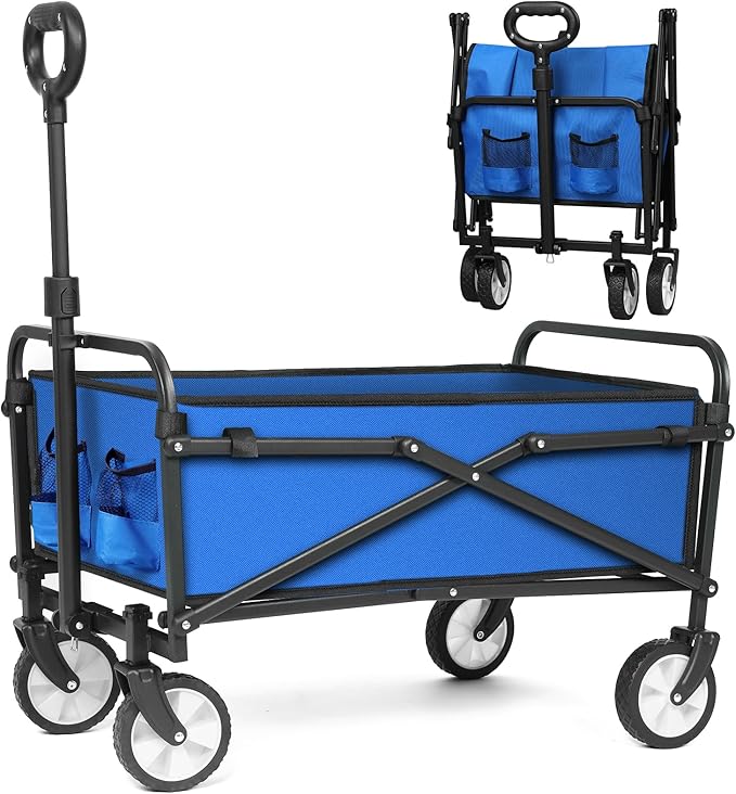 LUXCOL Wagon Cart Foldable, Collapsible Folding Wagon with All-Terrain Wheels & Adjustable Handle, Portable Heavy Duty 200LBS Weight Capacity for Grocery Shopping, Sport, Camping, Garden, Outdoor Use