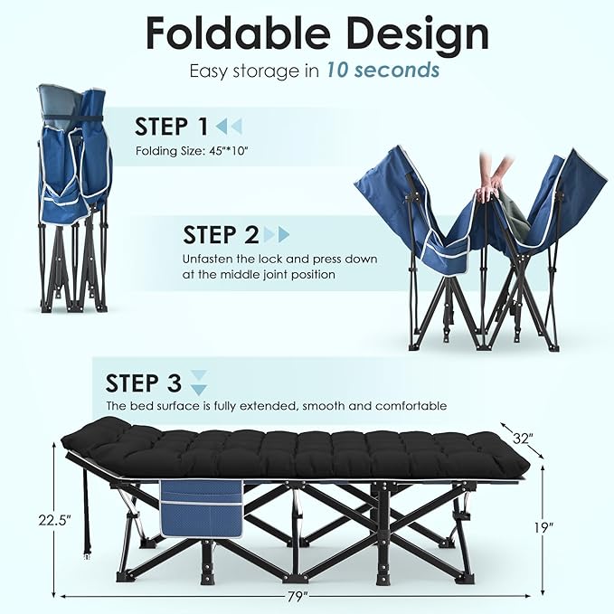 Suteck Camping Cot, 32In XXL Folding Camping Cot Heavy Duty Sleeping Bed for Adults 1200D Double Layer Oxford Cots for Camping W/Pilllow Mattress Carry Bag for Home Office Nap Beach Travel, 500LBS