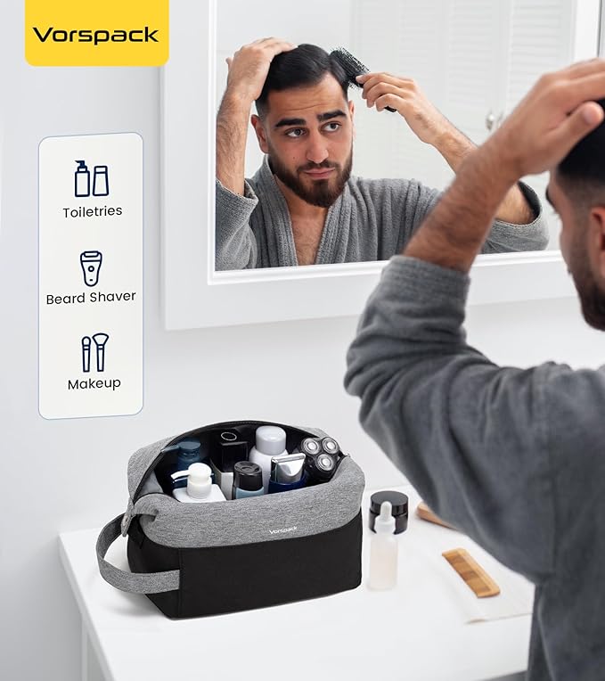 Vorspack Travel Toiletry Bag for Men - Lightweight Mens Toiletry Travel Bag Water Resistant Dopp Kit Shaving Bag for Skincare Toiletries Bathroom Gifts - Black