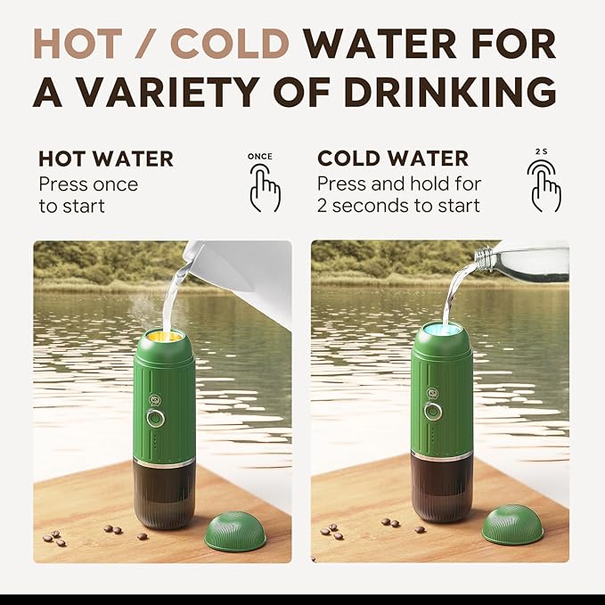 Fast self-heating Portable Electric Espresso Coffee Maker, 2 IN 1 Extraction Espresso Machine, Support Ground Coffee and NS capsule, for Travel,Car,Hiking,Climbing(Green) Rich Crema