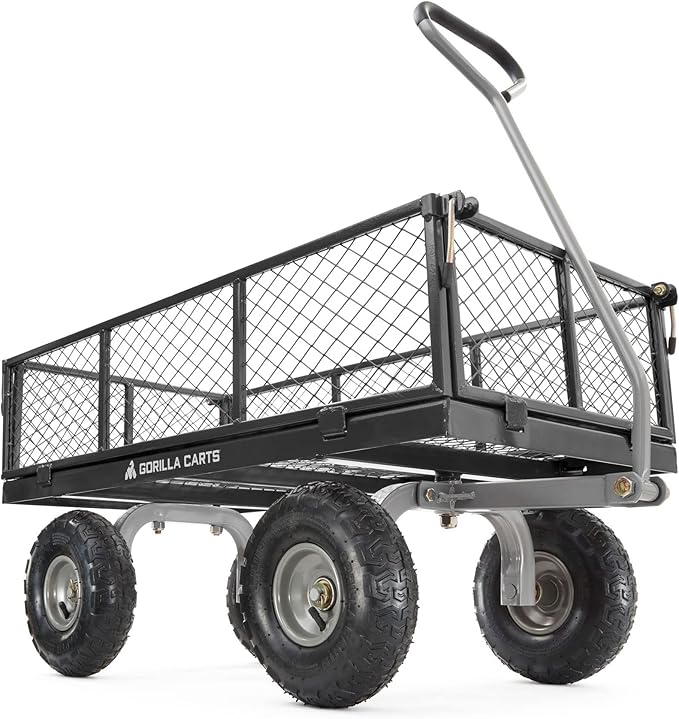Gorilla Carts Steel Utility Cart, Garden Wagon w/Handle & Removable Sides, Up to 800 Lbs - Heavy-Duty Gardening Equipment for Yard, Lawn, and Outdoor Use