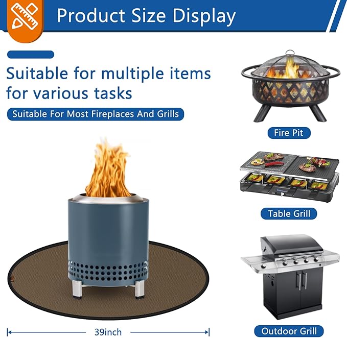 Anze Round Under Grill Mat for Outdoor Grill, 39 Inch Anti-Slip BBQ Floor Mats, Easy to Clean Reusable Fireproof Grill Pad, Oil-Proof Waterproof Protector for Deck Fireplace Pit Mat Brown