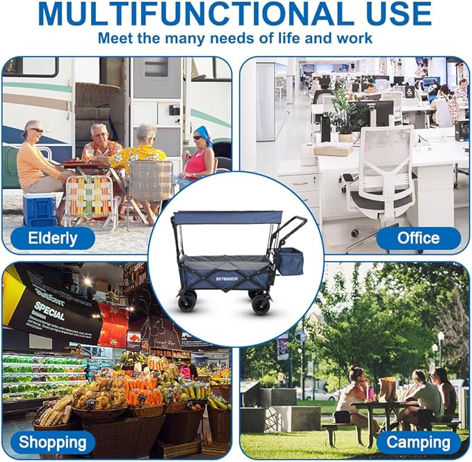 Collapsible Wagon with Removable Canopy, 3-in-1 Heavy Duty Garden Cart with Big All-Terrain Wheels, Brakes, Adjustable Push Pull Handle, Cooler Bag, 300LBS Wagon Cart for Camping (Blue)