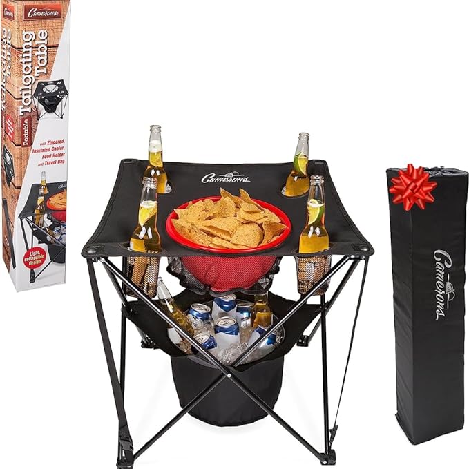 Camerons All-in-One Tailgating Table - Collapsible Folding Camping Table with Insulated Cooler, Mesh Food Basket & Travel Bag - Gift for Dad - Great for Summer BBQS, Camping, The Beach, Tailgate Party