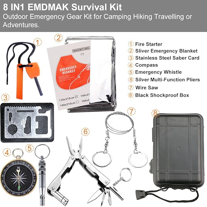 EMDMAK Survival Kit Outdoor Emergency Gear Kit for Camping Hiking Travelling or Adventures (Black)