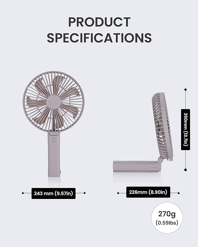 Claymore Handy A (Gray) Portable Handheld Fan - Rechargeable Foldable with Quiet BLDC Motor, USB-C Charging, 180° Adjustable Design, 6 Speed Settings, Personal Fan for Travel, Outdoor & Indoor Use