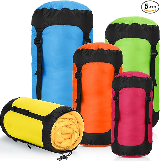 5 Pcs Compression Sacks for Backpacking 5L/10L/15L/20L/35L Camping Sleeping Bag Stuff Sack Water Resistant Sleeping Bag Storage Sack for Space Saving Hiking Gear