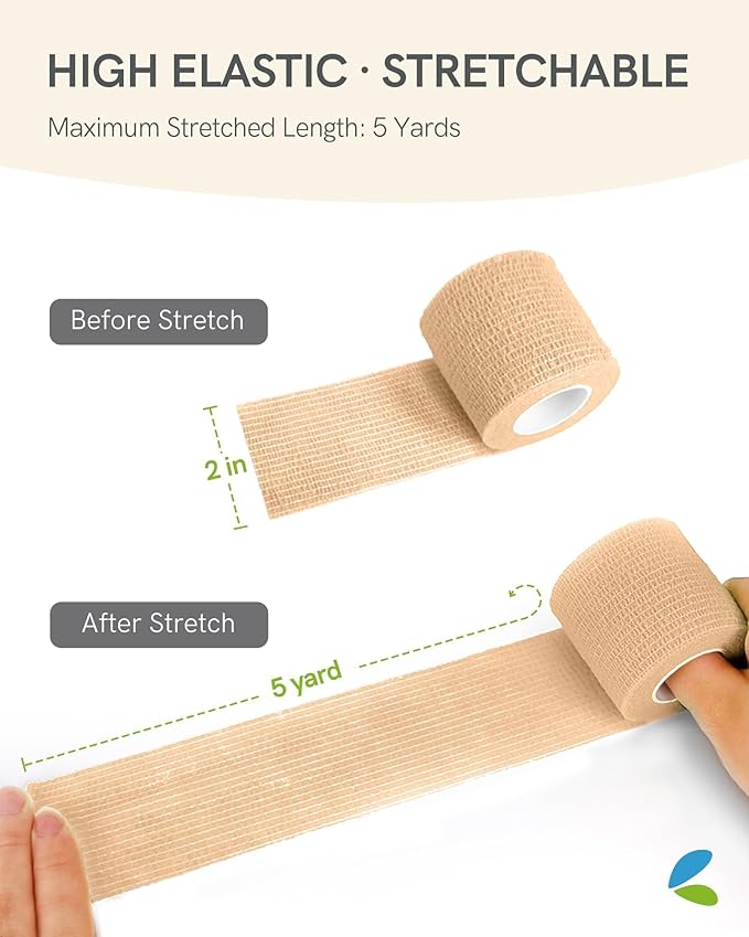 FriCARE Self Adhesive Bandage Wrap, Medical Tape in First Aid Kit, Cohesive Bandages for Wounds Sport Vet, FSA/HSA Eligible, 2 Inches X 5 Yards 6 Rolls, Tan
